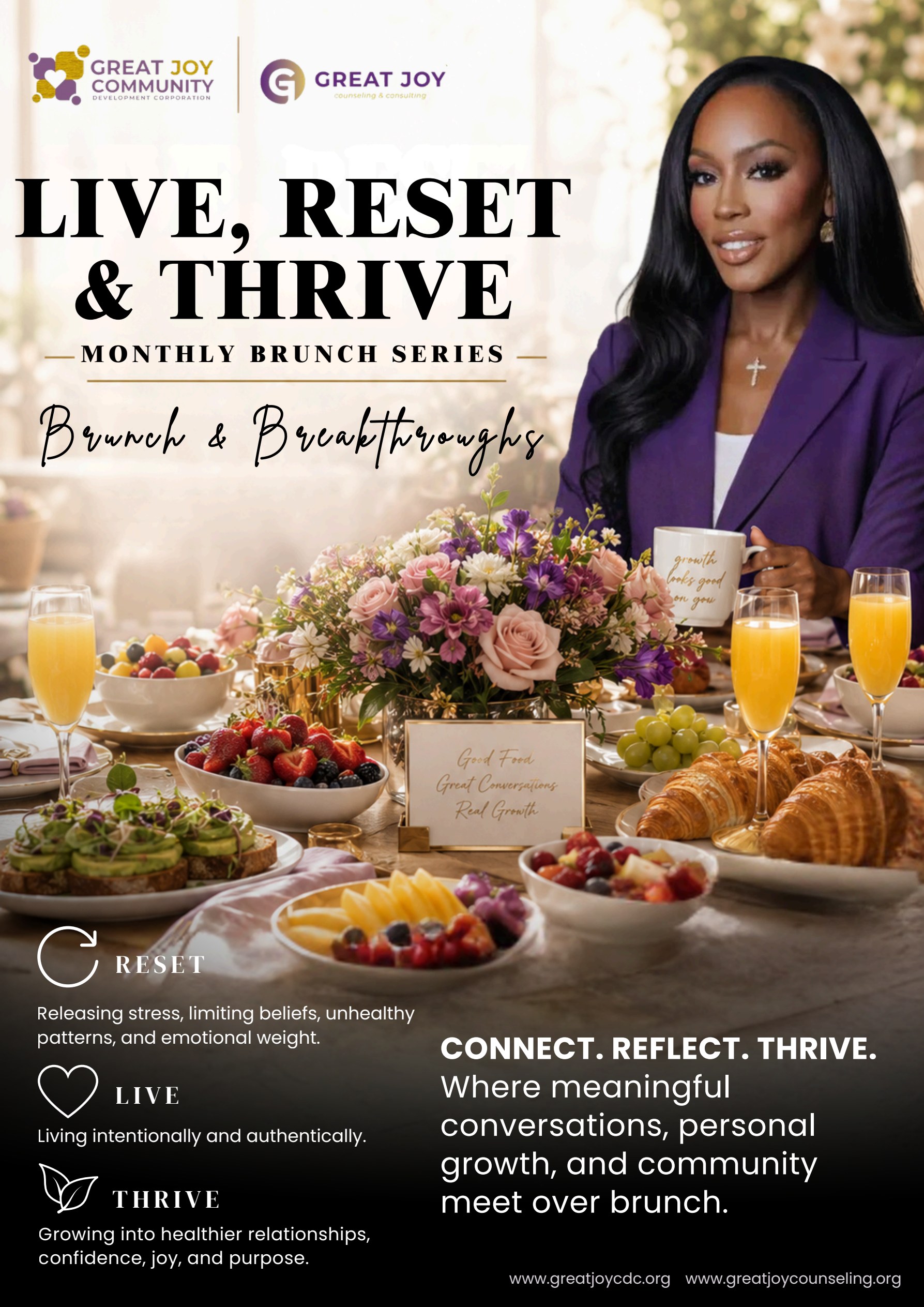 Live, Reset & Thrive Monthly Brunch Series — Brunch & Breakthroughs flyer